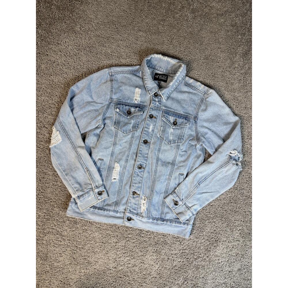 RUDE Jacket Mens M Blue Biker Denim Distressed Collared Button Pockets - Picture 2 of 10
